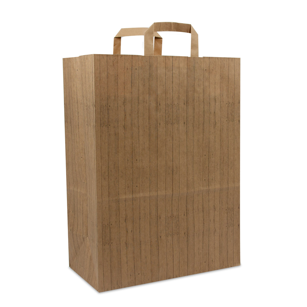 Papieren FSC® kraft tassen met platte lussen - Houtstructuur
