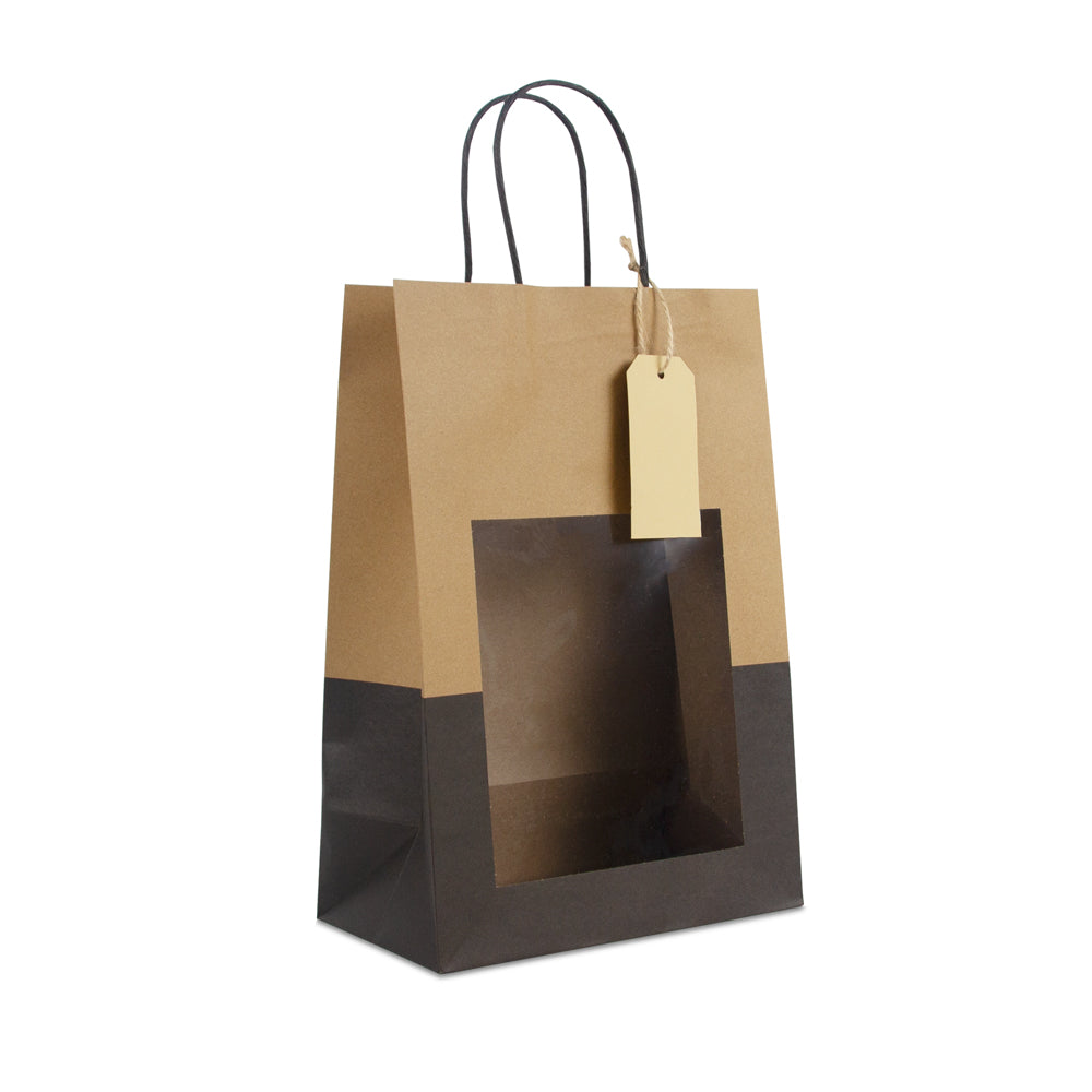 Papieren tassen met gedraaid handvat - cadeautasjes met venster en hangtag