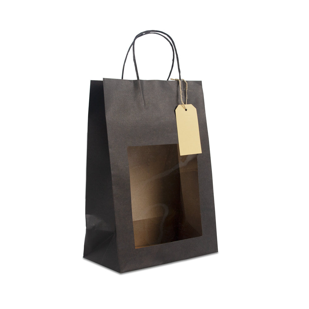 Papieren tassen met gedraaid handvat - cadeautasjes met venster en hangtag