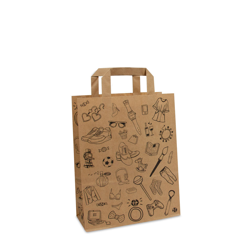 Papieren FSC® kraft tassen met platte lussen - Doodle retail