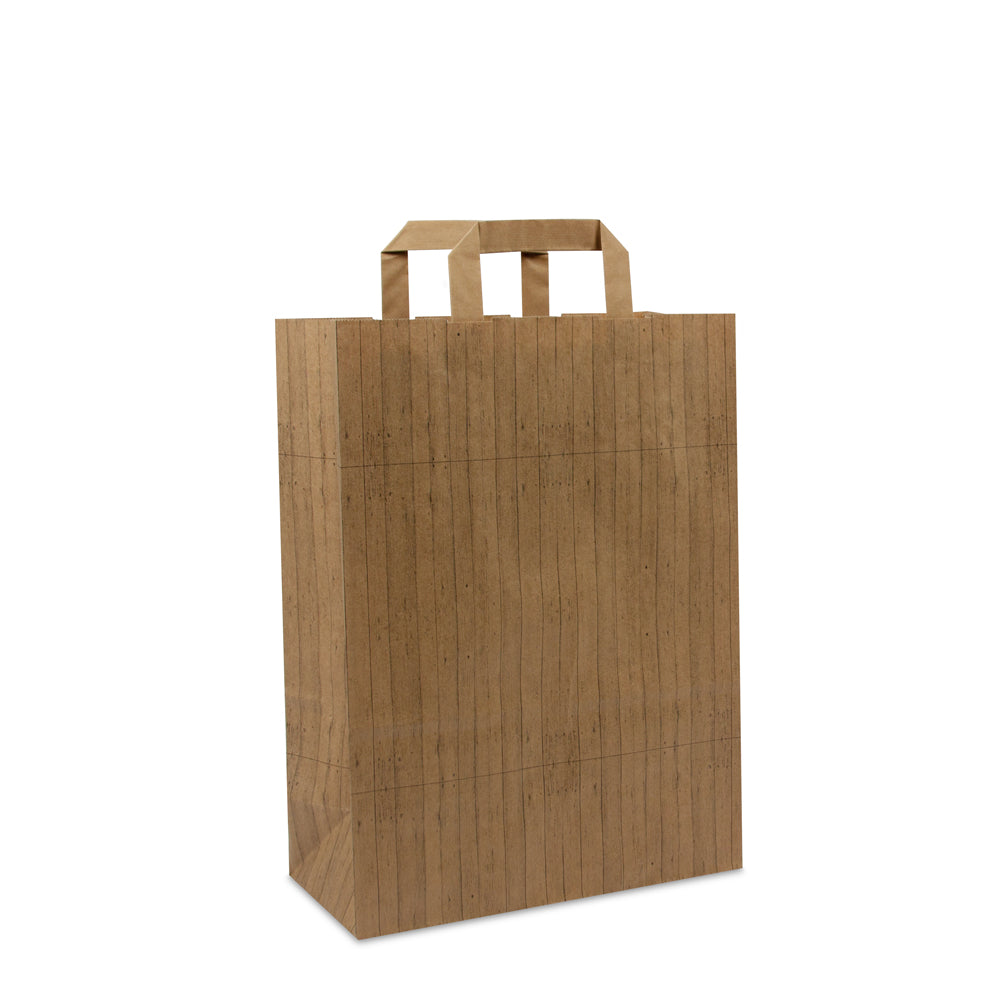 Papieren FSC® kraft tassen met platte lussen - Houtstructuur