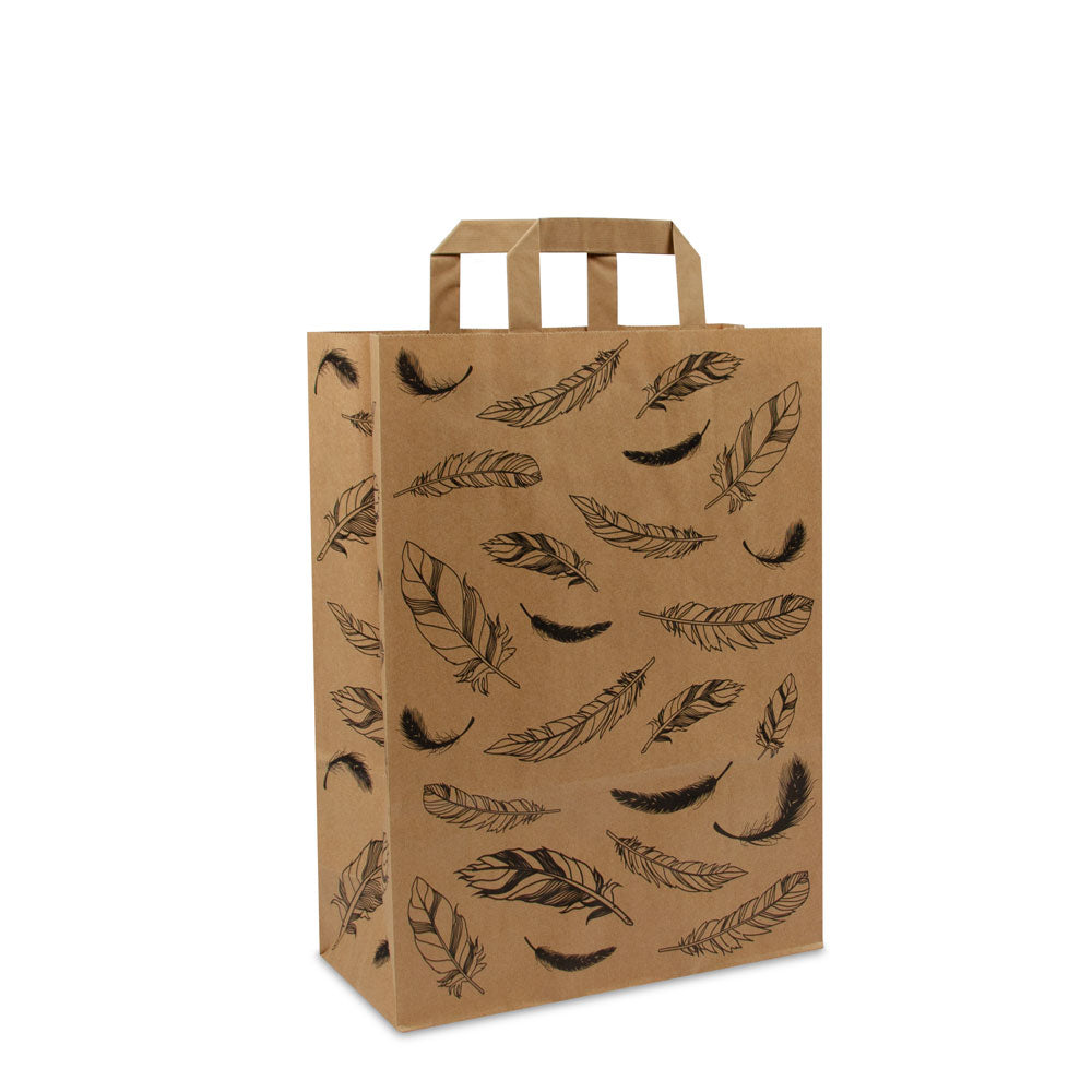 Papieren FSC® kraft tassen met platte lussen - Veertjes