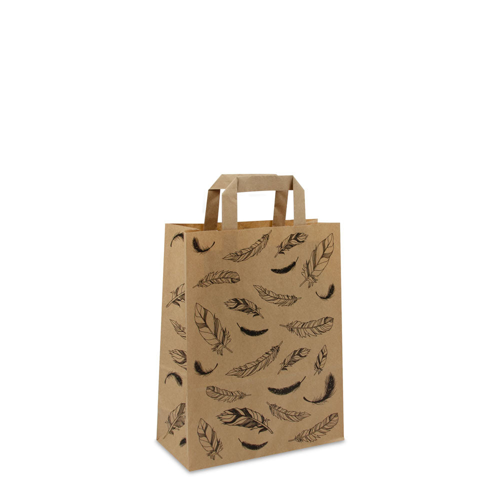 Papieren FSC® kraft tassen met platte lussen - Veertjes