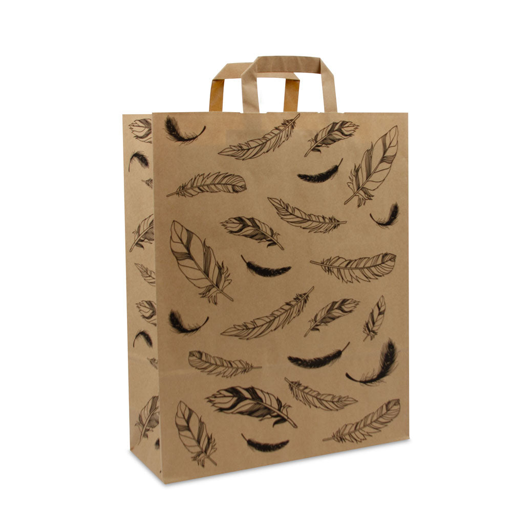 Papieren  FSC® kraft tassen met platte lussen - Veertjes