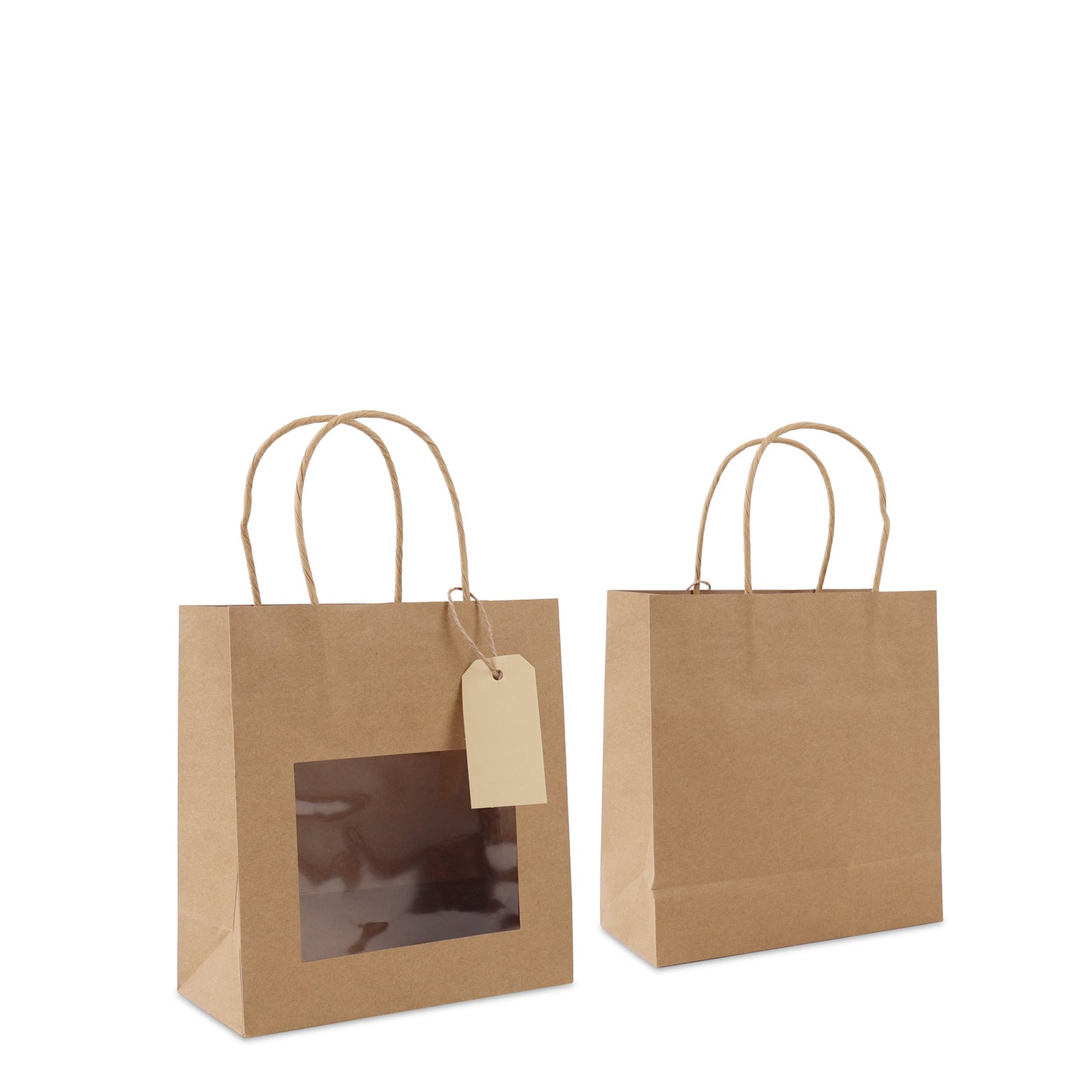 Papieren tassen met gedraaid handvat  - cadeautasjes met venster en hangtag