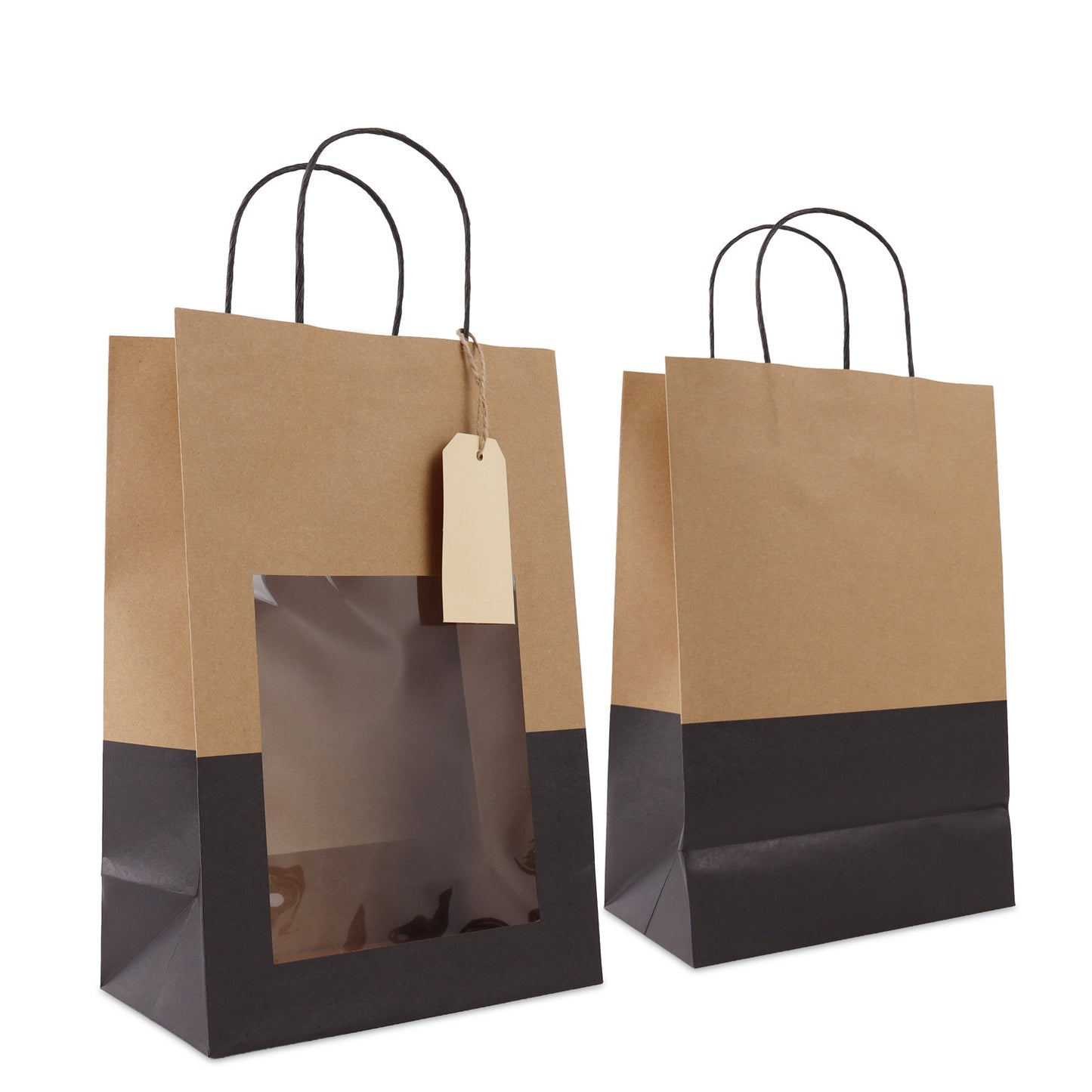Papieren tassen met gedraaid handvat  - cadeautasjes met venster en hangtag