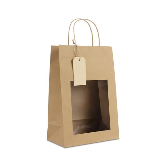 Papieren tassen met gedraaid handvat  - cadeautasjes met venster en hangtag