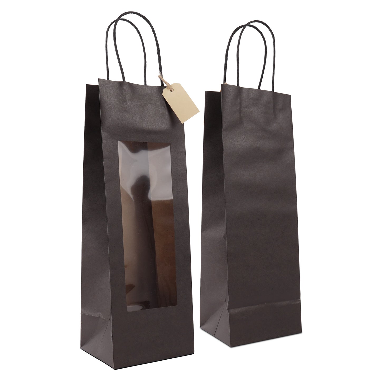 Papieren tassen met gedraaid handvat  - cadeautasjes met venster en hangtag