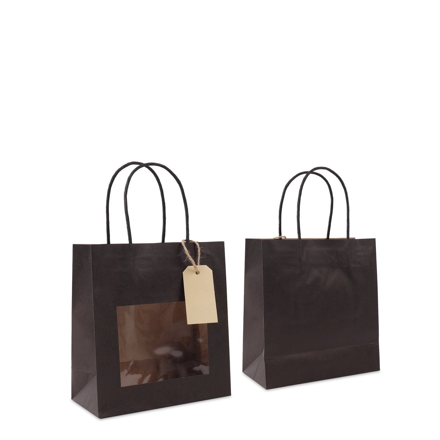 Papieren tassen met gedraaid handvat  - cadeautasjes met venster en hangtag