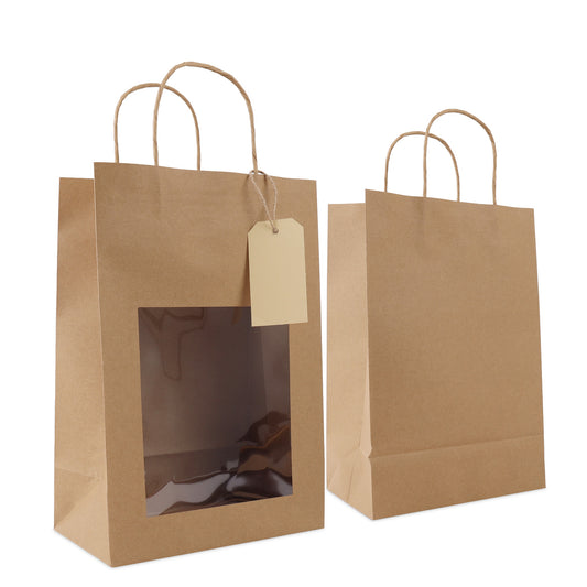 Papieren tassen met gedraaid handvat  - cadeautasjes met venster en hangtag