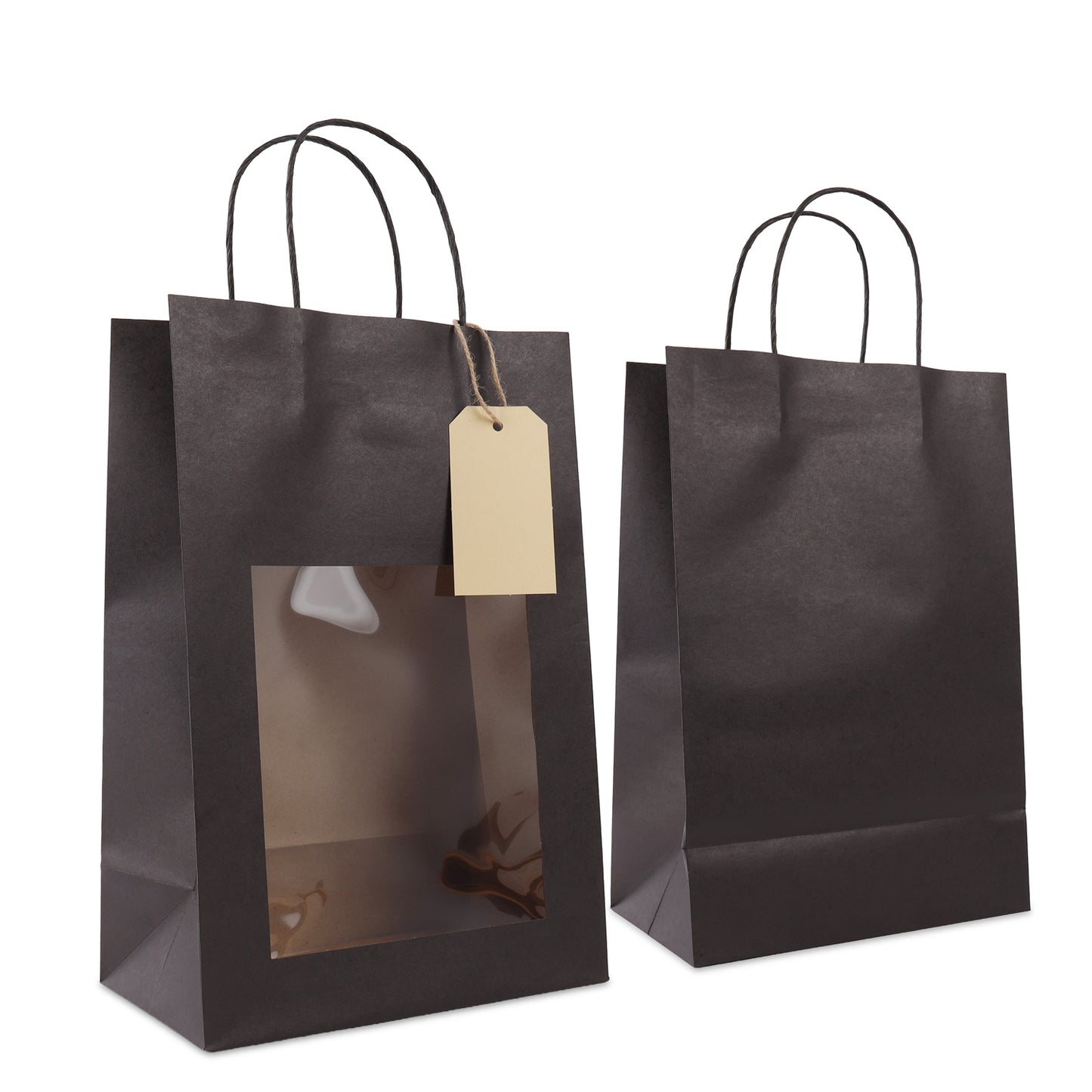 Papieren tassen met gedraaid handvat  - cadeautasjes met venster en hangtag