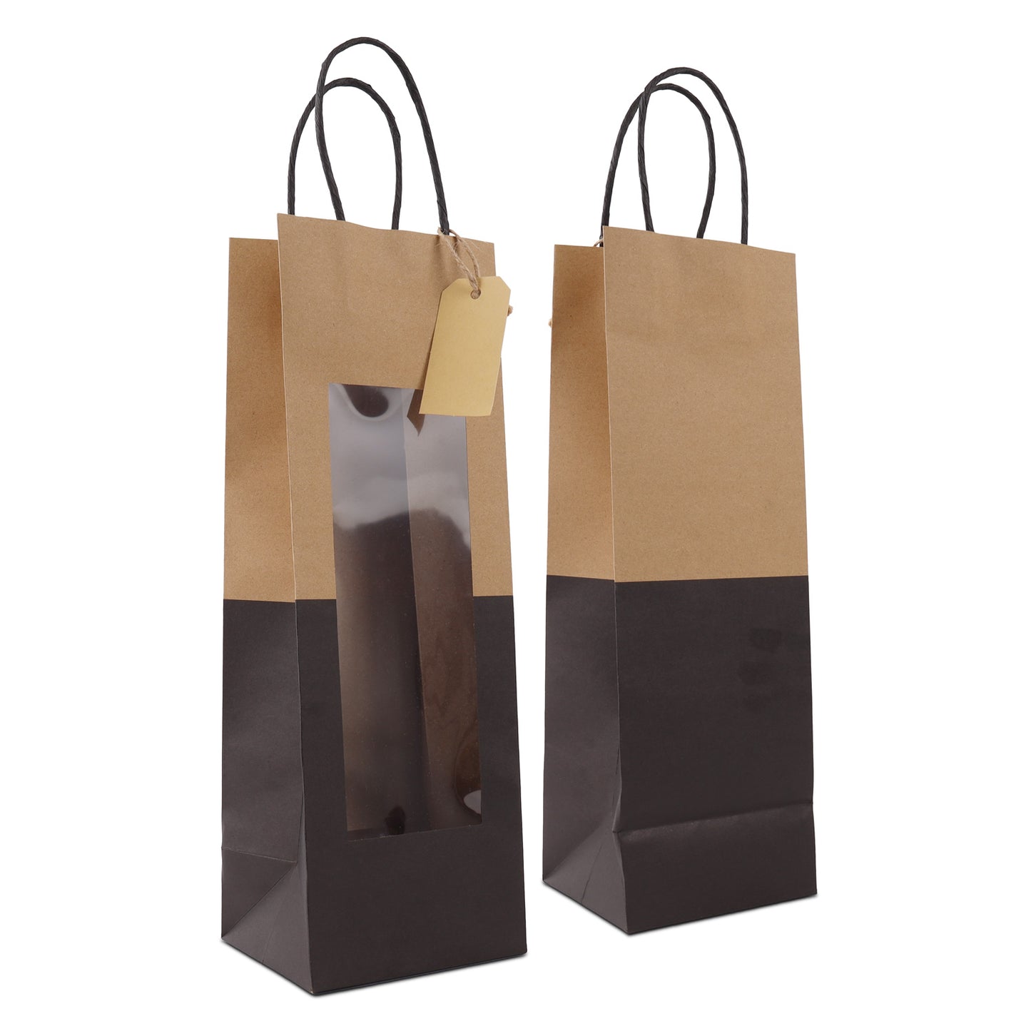 Papieren tassen met gedraaid handvat  - cadeautasjes met venster en hangtag