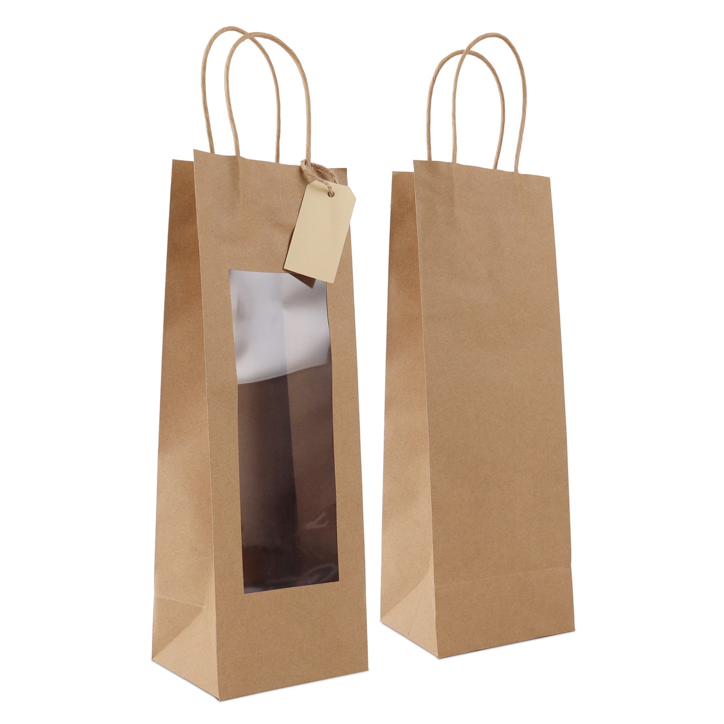 Papieren tassen met gedraaid handvat  - cadeautasjes met venster en hangtag