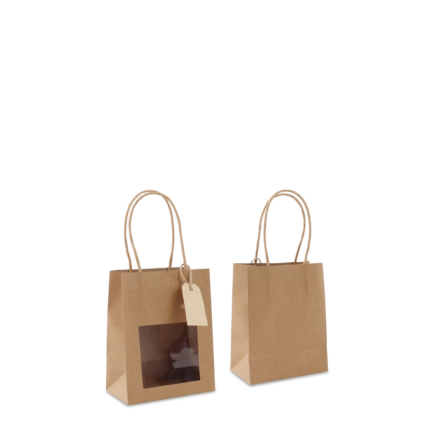 Papieren tassen met gedraaid handvat  - cadeautasjes met venster en hangtag